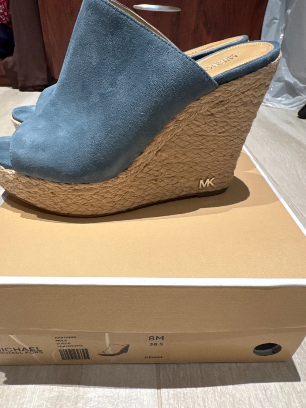 MICHAEL KORS Hastings Espadrille Mule Light Blue Denim Peep Toe Platform Wedges